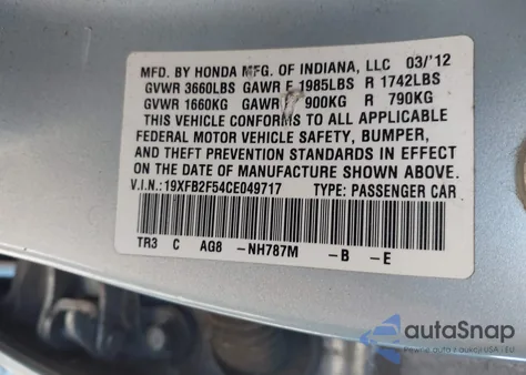 2012 Honda Civic Lx из США, поврежденный, VIN 19XFB2F54CE049717